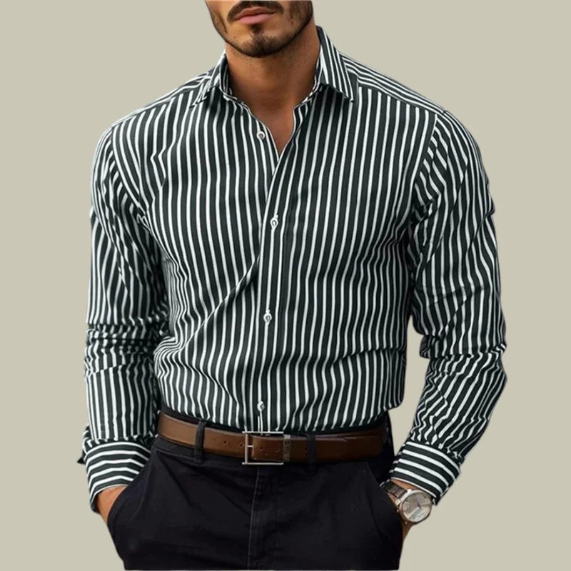 621c1c43-6bfc-42cf-a026-3e22f19215fa.jpg Ins Stripe Printed Long Sleeve Shirt Men Fashion Casual Lapel Button Top Clothing Men's Attire Apparel / Clothing - Image 4