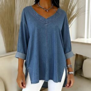 Female Solid Color Casual Street-Style Denim V-Neck Top Beachwear & Casual Wear Collection Womens Clothing