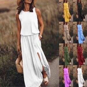 Women Summer Dresses Fashion Side Slit Long Dress With Pockets Vestidos Solid Casual O-Neck Sleeveless A-Line Sundress For Holiday Garments Apparel / Clothing