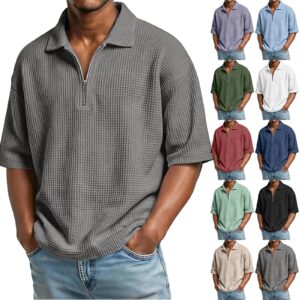 Men's Waffle-Weave Short-Sleeved Shirts Summer Solid Color Lapel Polo Shirt T-Shirt Beach Style Tops Men's Attire Apparel / Clothing