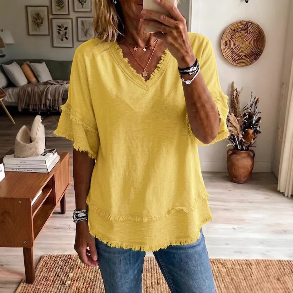 68ebc907-c8ee-4e59-afb1-94feb5843be3.jpg Casual Women's Shirt V-Neck Short Sleeve Loose Fit Pure Color Summer Fashion Trend Pullover Tops For Daily Wear Beachwear & Casual Wear Collection Womens Clothing - Image 4