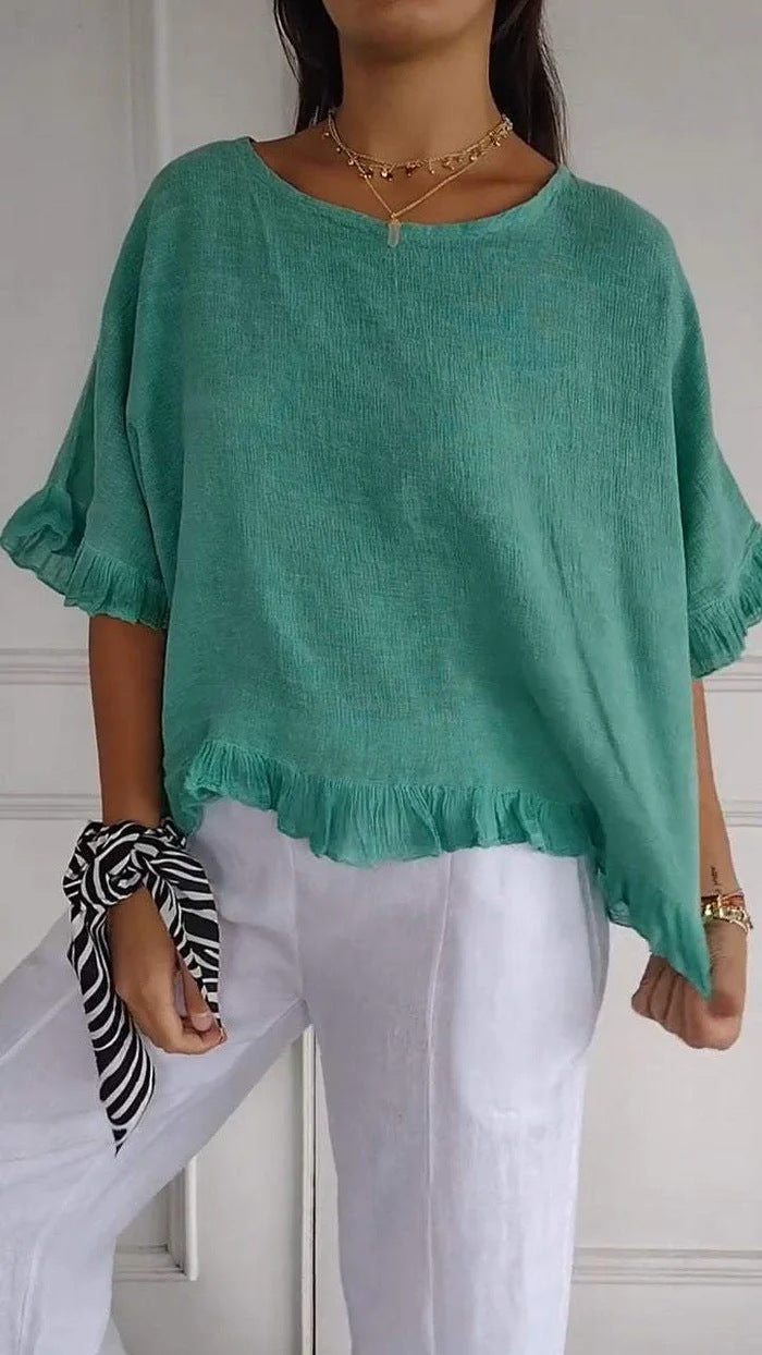 6aca205e-5258-4777-bab0-fd23bacee913.jpg Pure Color Ruffles T-shirt Female Casual Short-sleeved Top Beachwear & Casual Wear Collection Womens Clothing - Image 4