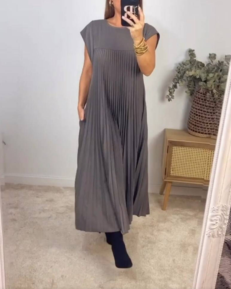 6bad4368-c90e-4d78-a0c5-6ffe67cfa6f5.jpg Short Sleeve Pleated Long Dress Summer Round Neck Dress Women's Clothing Garments Apparel / Clothing - Image 5