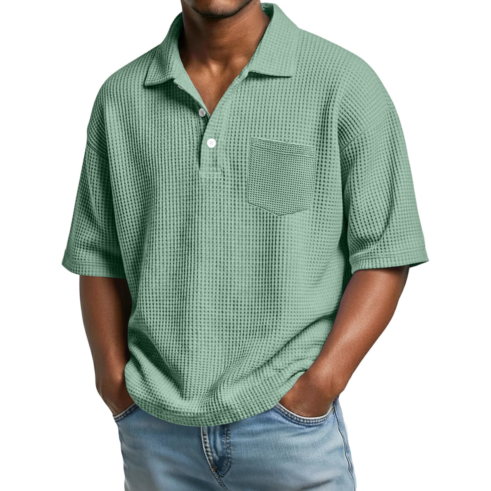 6c7849bd-b6bc-4e0e-b33f-7c76c7e42cba.jpg Men's Waffle-Weave Solid Color Short-Sleeve Lapel Polo Shirt Men's Attire Apparel / Clothing - Image 11