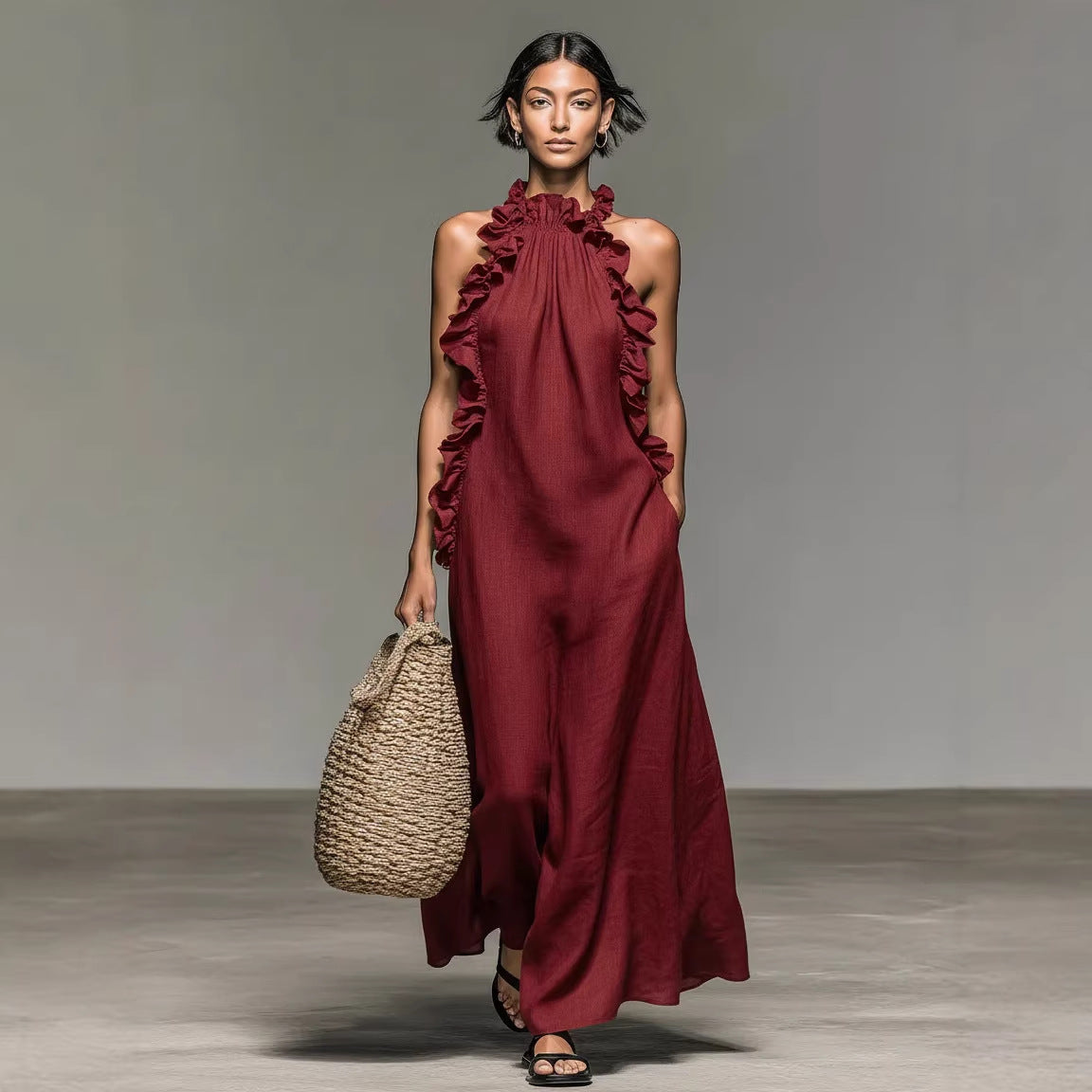6cf4d844-a7a1-4dc1-9e41-27acabc7adad.jpg Resort Style Ruffled Halter Neck Sleeveless Maxi Dress - Loose Fit Flattering Flowy Skirt For Party Evening Gown Garments Apparel / Clothing - Image 10