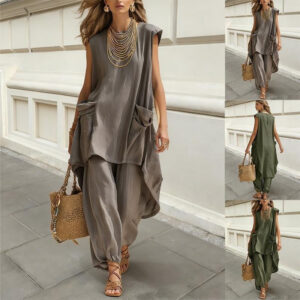 Chic Sleeveless Suit Summer Pullover Long Top With Pockets And Loose Straight-leg Pants Women's Trousers Set Garments Apparel / Clothing