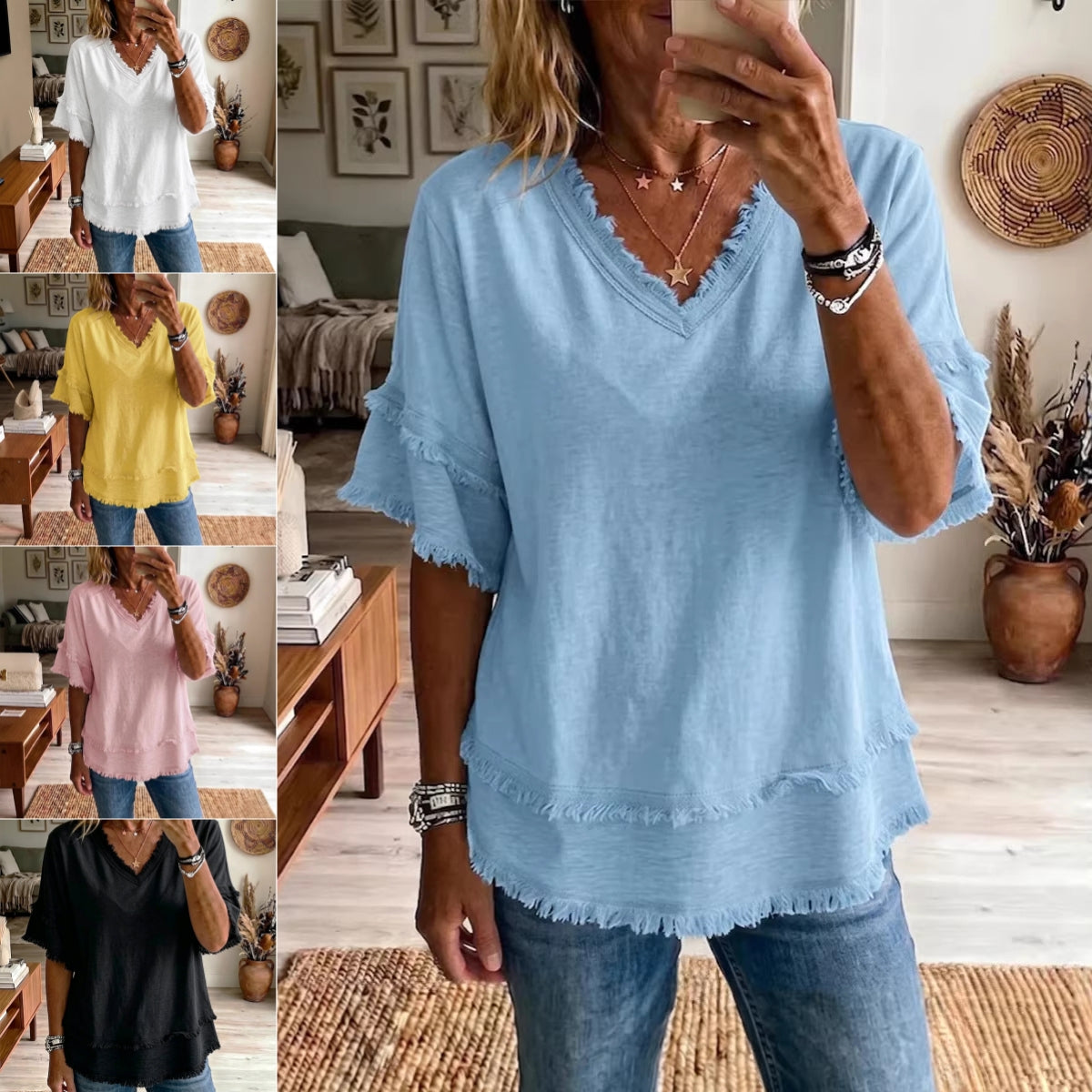 6eeaa363-9cd4-419b-8693-540626acc578.jpg Casual Women's Shirt V-Neck Short Sleeve Loose Fit Pure Color Summer Fashion Trend Pullover Tops For Daily Wear Beachwear & Casual Wear Collection Womens Clothing