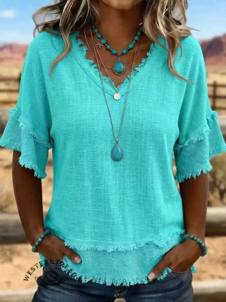 6ff79db3-0030-492a-a9a8-1029869d6e56.jpg Casual Women's Shirt V-Neck Short Sleeve Loose Fit Pure Color Summer Fashion Trend Pullover Tops For Daily Wear Beachwear & Casual Wear Collection Womens Clothing - Image 5