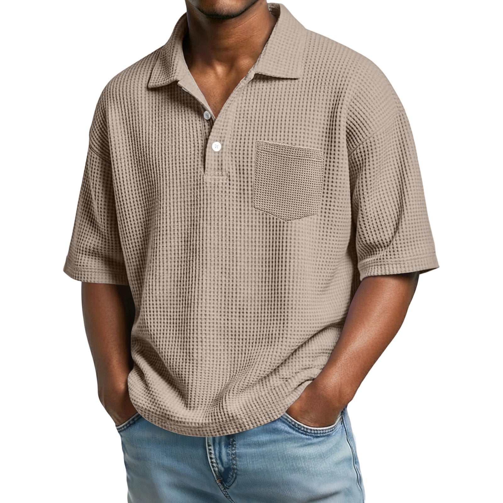 72f717ec-90ef-4c82-b31b-ca23e42725a2.jpg Men's Waffle-Weave Solid Color Short-Sleeve Lapel Polo Shirt Men's Attire Apparel / Clothing - Image 10