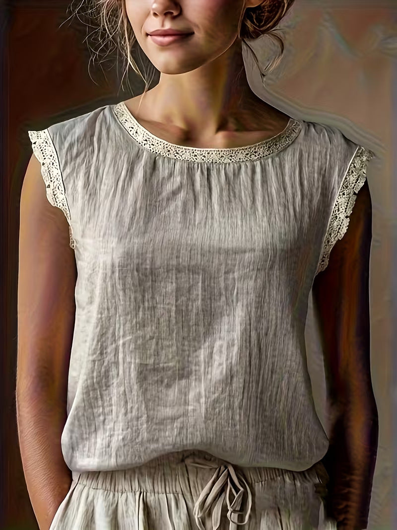 739d0702-bf1f-4dc1-81c3-95068def6556.jpg Loose Solid-Color Crew-Neck Lace Sleeveless Cotton-Linen Shirt Beachwear & Casual Wear Collection Womens Clothing - Image 3