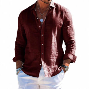 Men's Solid-Colored Lapel Beach Long-Sleeve Shirt Men's Attire Apparel / Clothing