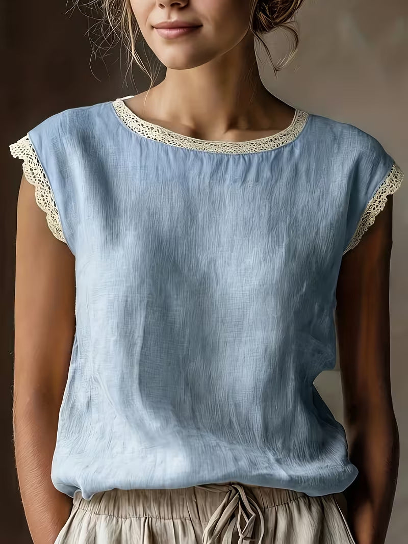 7819c5f5-d48a-438d-b600-c5093b19fb26.jpg Loose Solid-Color Crew-Neck Lace Sleeveless Cotton-Linen Shirt Beachwear & Casual Wear Collection Womens Clothing - Image 4