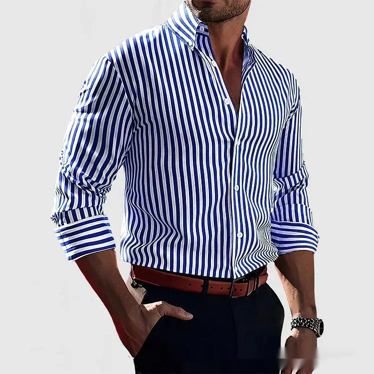 786565a0-21c4-42e3-b3c3-3eaa0dfd461c_fine.jpg Ins Stripe Printed Long Sleeve Shirt Men Fashion Casual Lapel Button Top Clothing Men's Attire Apparel / Clothing - Image 20