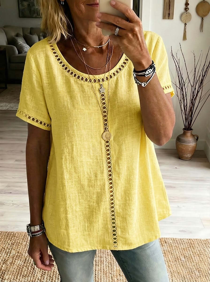 7a214bf0-6dc2-43b5-baf6-bdc34db9991e.jpg Women's Spring Summer Comfortable Casual Patchwork Hollowed-Out Trim Top T-Shirt Beachwear & Casual Wear Collection Womens Clothing - Image 3