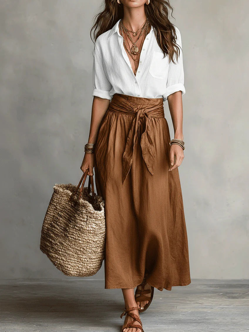 7aaa2b0c-69e3-479b-9c40-4d40f21e5a54.jpg Summer Short-Sleeve Suits Fashion Casual Button-Down Shirt Top And Straight Skirt Women's Two-Piece Set Garments Apparel / Clothing - Image 7