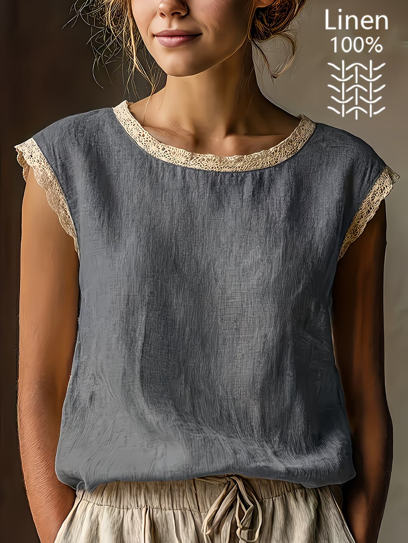 7ad10631-6eda-4e4c-af47-be8991f72b6f.jpg Loose Solid-Color Crew-Neck Lace Sleeveless Cotton-Linen Shirt Beachwear & Casual Wear Collection Womens Clothing - Image 11