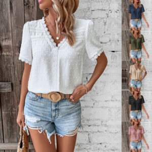 Lace V-neck T-shirt Summer Fashion Short-sleeved Blouse Shirt Women's Solid Color Clothing Beachwear & Casual Wear Collection