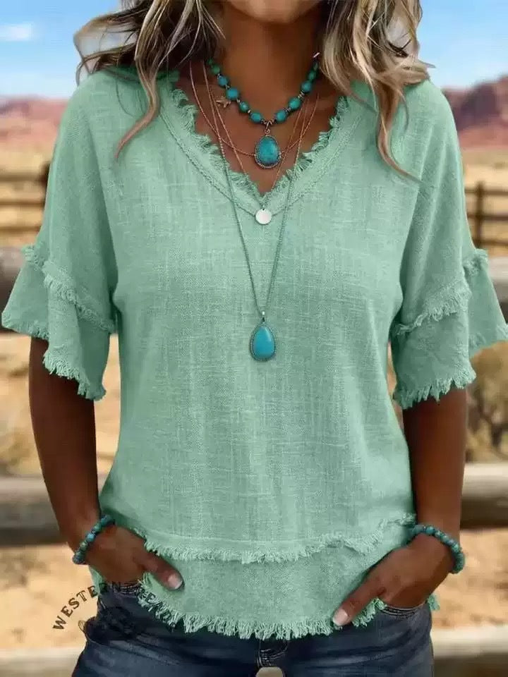 7c80171f-0431-4683-b678-bcd9906be46d.jpg Casual Women's Shirt V-Neck Short Sleeve Loose Fit Pure Color Summer Fashion Trend Pullover Tops For Daily Wear Beachwear & Casual Wear Collection Womens Clothing - Image 13