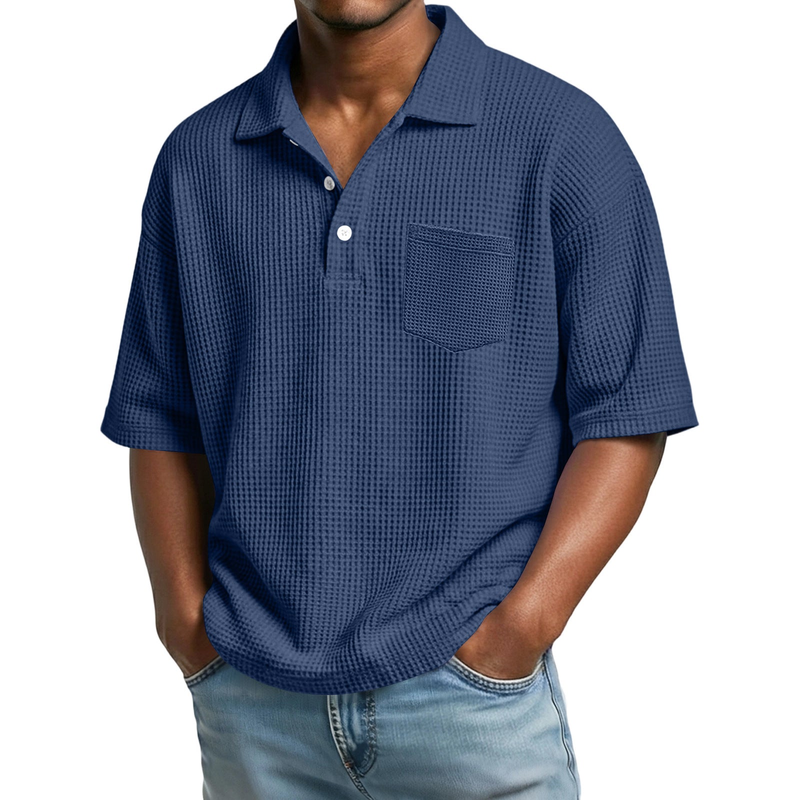 7dbff38a-1c59-42a0-a31d-62ec3d54cac3.jpg Men's Waffle-Weave Solid Color Short-Sleeve Lapel Polo Shirt Men's Attire Apparel / Clothing - Image 12