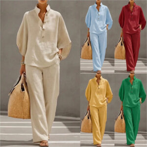 Women's Short-sleeved Suit Summer Loose Pullover Top And Straight-leg Trousers Outfit Garments Apparel / Clothing