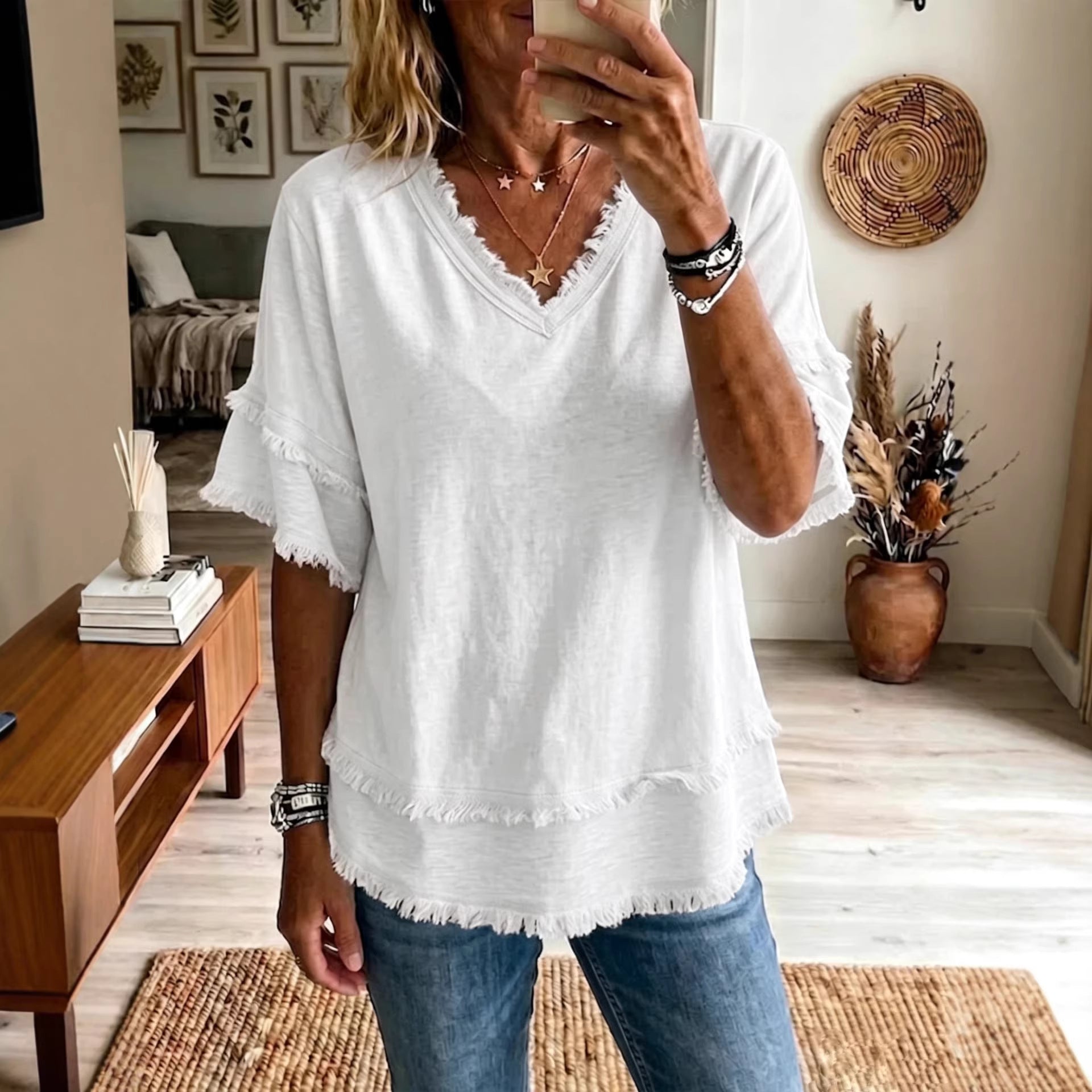 7f8f1cff-f3a3-4f15-bd76-261b4cb55876.jpg Casual Women's Shirt V-Neck Short Sleeve Loose Fit Pure Color Summer Fashion Trend Pullover Tops For Daily Wear Beachwear & Casual Wear Collection Womens Clothing - Image 3