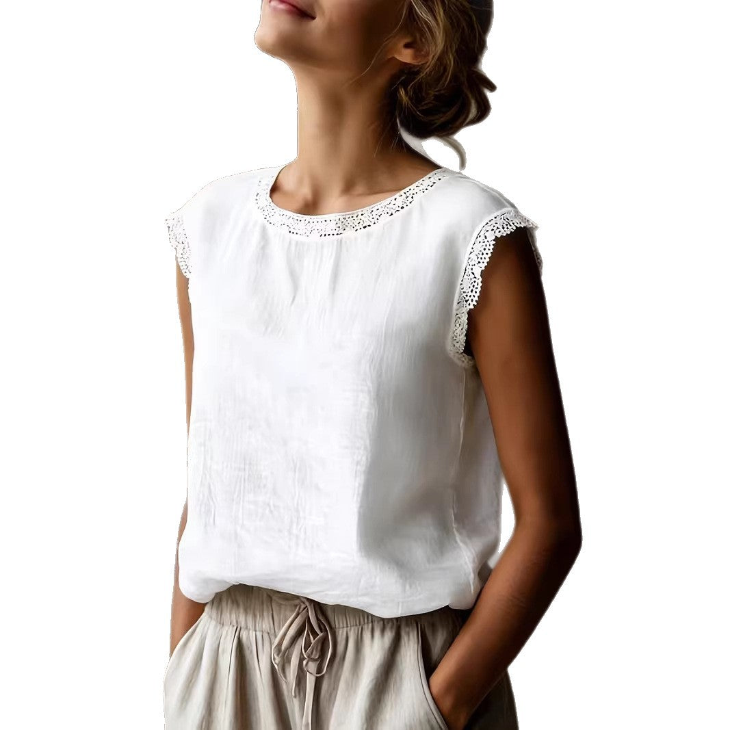 8046ffc3-e36a-4952-9118-12734269a8fe.jpg Loose Solid-Color Crew-Neck Lace Sleeveless Cotton-Linen Shirt Beachwear & Casual Wear Collection Womens Clothing - Image 10