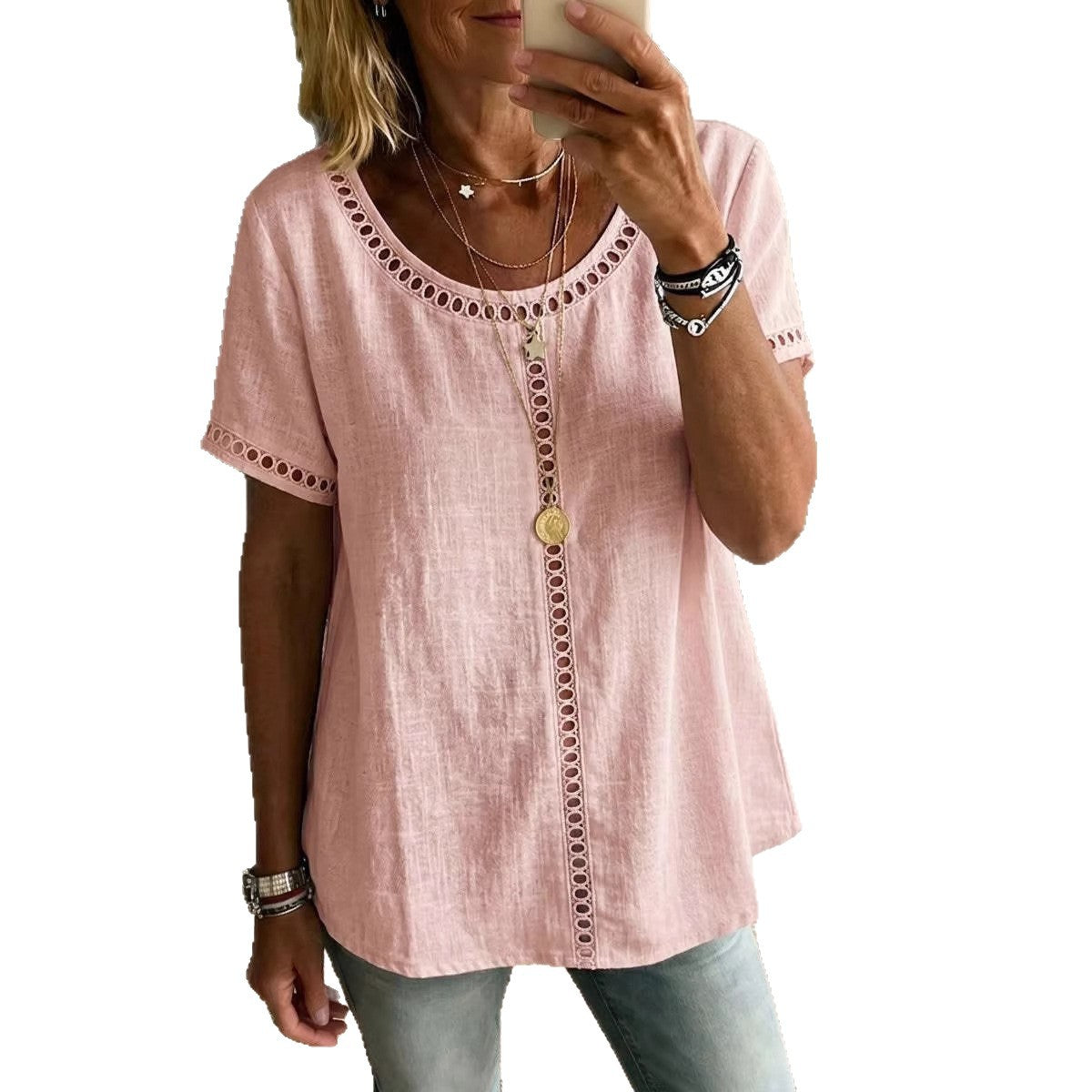 8168dc43-2fce-44ca-ad85-7f9f0e148e1d.jpg Women's Spring Summer Comfortable Casual Patchwork Hollowed-Out Trim Top T-Shirt Beachwear & Casual Wear Collection Womens Clothing - Image 2