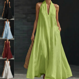 Casual V-neck Dress Halter Style Long Dress For Women's Casual Solid Color  A-line Dress For Daily Wear Garments Apparel / Clothing