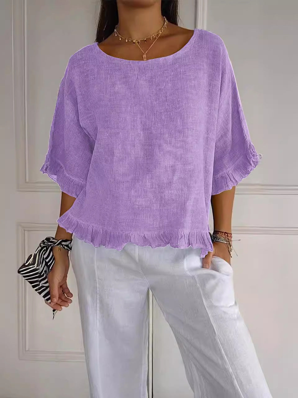 83ec185e-2b25-4b64-b5af-1e3950bb48d7.jpg Pure Color Ruffles T-shirt Female Casual Short-sleeved Top Beachwear & Casual Wear Collection Womens Clothing - Image 12