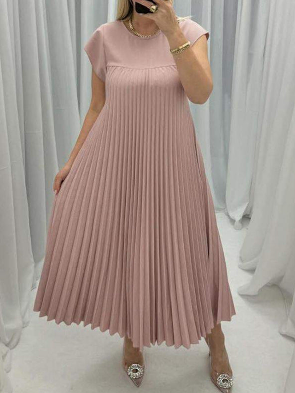869cf37c-26af-4aaf-adb7-30deec426367.jpg Short Sleeve Pleated Long Dress Summer Round Neck Dress Women's Clothing Garments Apparel / Clothing - Image 11