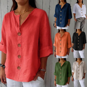 Loose-fit Women's V-neck Cotton-Linen Button T-shirt Top Beachwear & Casual Wear Collection Womens Clothing