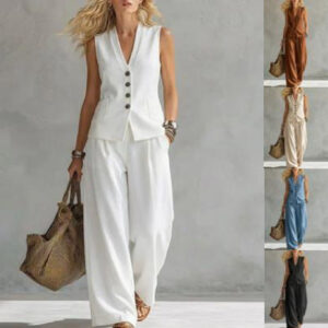 Two-piece V-Neck Sleeveless Vest And Wide Leg Pants For Women Summer Solid-Colored Sleeveless Casual Linen Tank Top And Pants Set Garments Apparel / Clothing