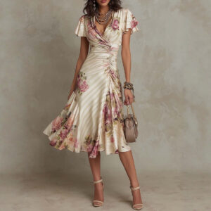 Printed V-neck Defined Waistline Ruffled Hem Dress Garments Apparel / Clothing