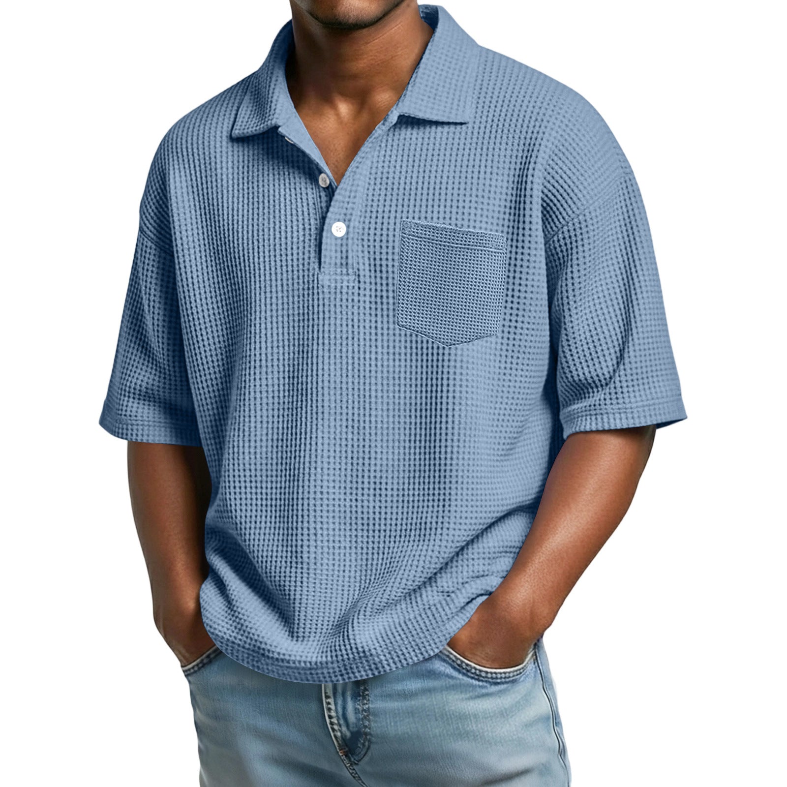 8f4b896e-2c7f-4f1c-8ca0-d37b0dc6e4fd.jpg Men's Waffle-Weave Solid Color Short-Sleeve Lapel Polo Shirt Men's Attire Apparel / Clothing - Image 5