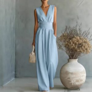 Womens Elegant Sleeveless Waist-Cinching V-Neck Sophisticated Jumpsuit Garments Apparel / Clothing
