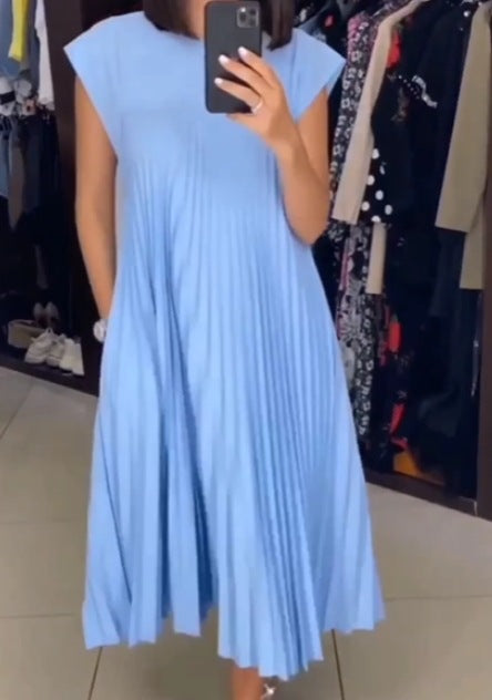 93e92701-a0f2-4a13-a43c-9b347b9cde3f.jpg Short Sleeve Pleated Long Dress Summer Round Neck Dress Women's Clothing Garments Apparel / Clothing - Image 10