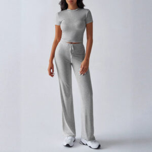 SpringSummer Elegant Solid Color Crew Neck Short Sleeve Top And Pants Set Garments Apparel / Clothing