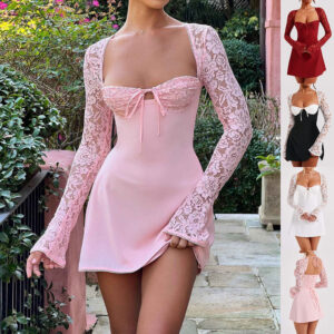 Y2K  Lace Long Sleeve Dress Fashion Sexy Corset Backless Lace Up Short Dresses Womens Clothing Garments Apparel