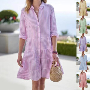 Collections Ins Striped Long-sleeved Shirt Dress Fashion Lapel Button Dresses For Women Garments Apparel / Clothing