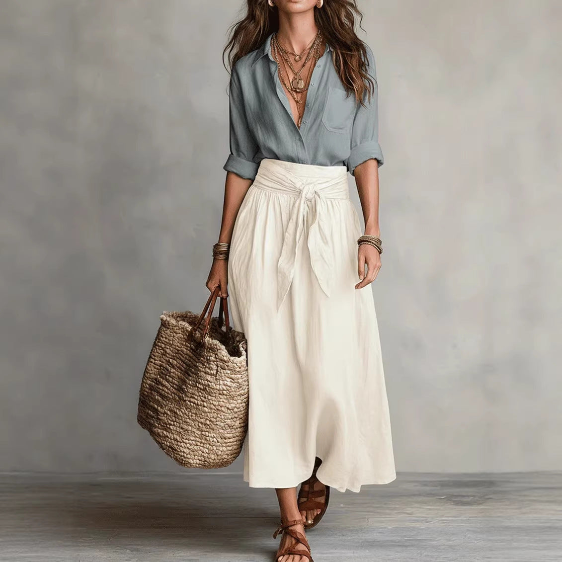 9b1a1793-9c05-4bd8-b62d-9217e12cb0c6.jpg Summer Short-Sleeve Suits Fashion Casual Button-Down Shirt Top And Straight Skirt Women's Two-Piece Set Garments Apparel / Clothing - Image 8
