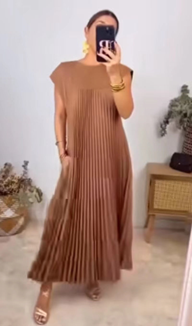 9bff014b-ab22-4235-a1ad-98e81bc9abe3.jpg Short Sleeve Pleated Long Dress Summer Round Neck Dress Women's Clothing Garments Apparel / Clothing - Image 3