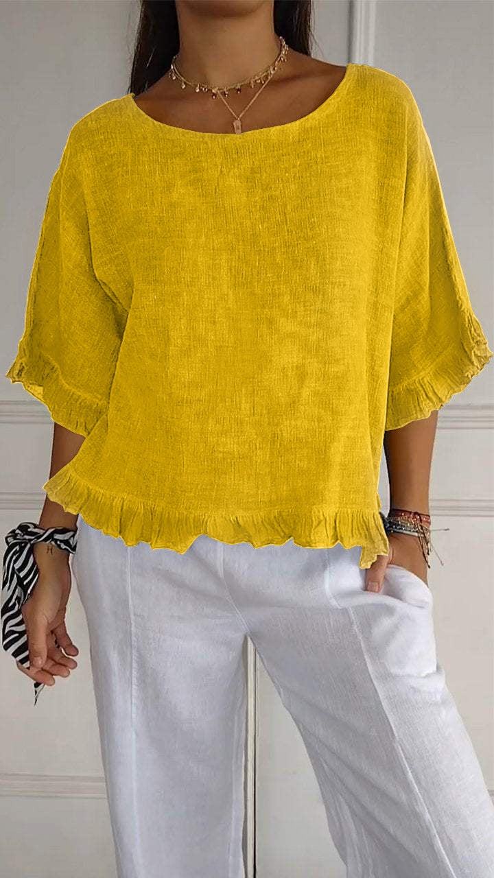 9dc1aedd-bf0a-40ad-83ff-2a9a3cf35d12.jpg Pure Color Ruffles T-shirt Female Casual Short-sleeved Top Beachwear & Casual Wear Collection Womens Clothing - Image 6