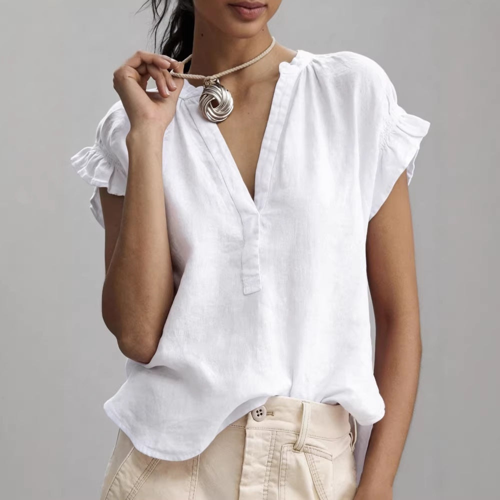9e776ab0-59a2-4686-b3f1-5af8d9605a4a_water.jpg Women's Casual V-Neck Cotton-Linen Blouse Top Summer Ruffle Short-Sleeve Solid Color Office Daily Wear Shirts Beachwear & Casual Wear Collection Womens Clothing - Image 8