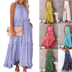 Summer Vacation Style Halter Neck Long Dresses Women Fashion Backless Leace-up Loose Ruffles Beach Dress Elegant Ladies Vestidos Garments Apparel / Clothing