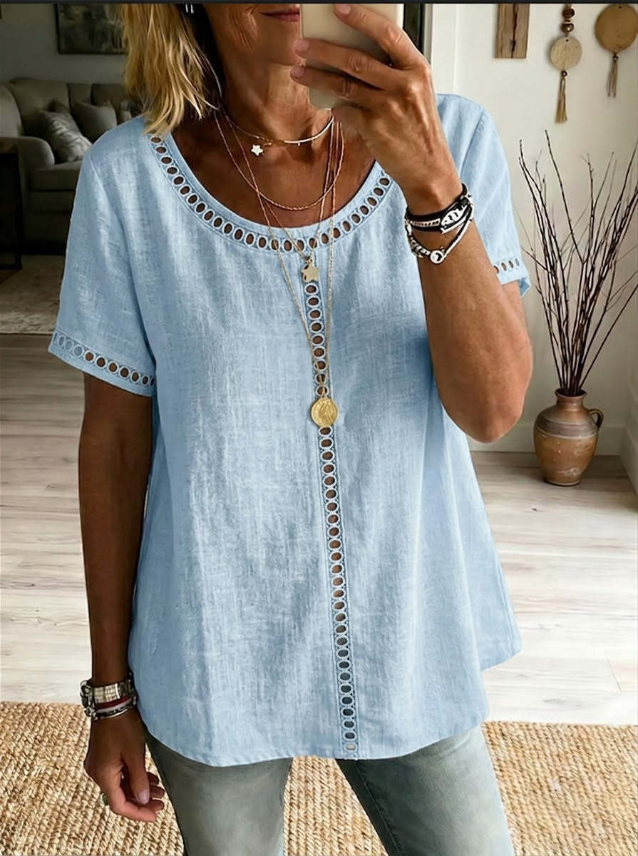 a01c61b2-2f23-4596-97aa-9c7a91c738fe.jpg Women's Spring Summer Comfortable Casual Patchwork Hollowed-Out Trim Top T-Shirt Beachwear & Casual Wear Collection Womens Clothing - Image 11