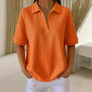 V Neck Waffle Knit Solid Color Loose Fitting Pullover Top Beachwear & Casual Wear Collection Womens Clothing