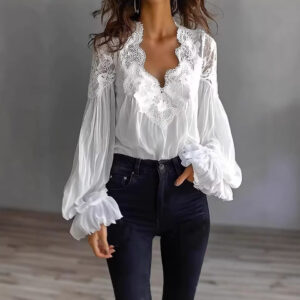 Lace-panelled Ruffled Puff-sleeve Pleated Shirt Beachwear & Casual Wear Collection Womens Clothing