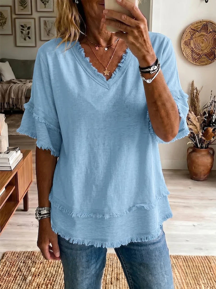 a2f333a5-5793-4c8c-8e09-1ba2e868cb79.jpg Casual Women's Shirt V-Neck Short Sleeve Loose Fit Pure Color Summer Fashion Trend Pullover Tops For Daily Wear Beachwear & Casual Wear Collection Womens Clothing - Image 8