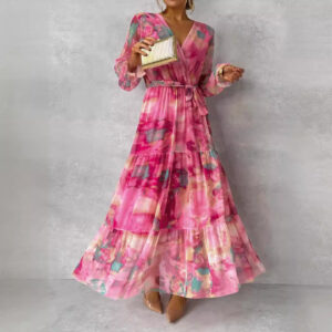 Long-sleeved Floral Print Dress Elegant V-neck Pleated High-waisted Big Swing Chiffon Maxi Dresses For Women Clothing Garments Apparel / Clothing