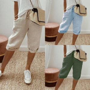 Women's Cotton And Linen Pocket Elasticated Slacks Women's Fifth Pants Clothing Beachwear & Casual Wear Collection